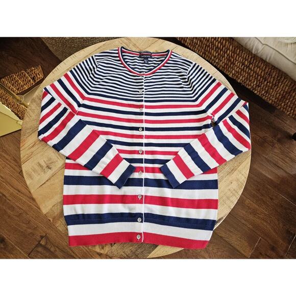 Lands' End Striped Cardigan Sweater Women's M Tall Americana USA - Picture 1 of 7